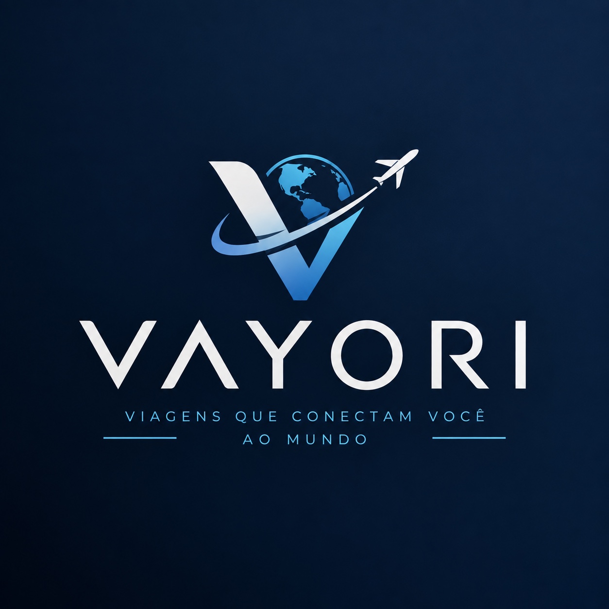 Logo oficial da VAYORI Viagens em fundo azul-marinho